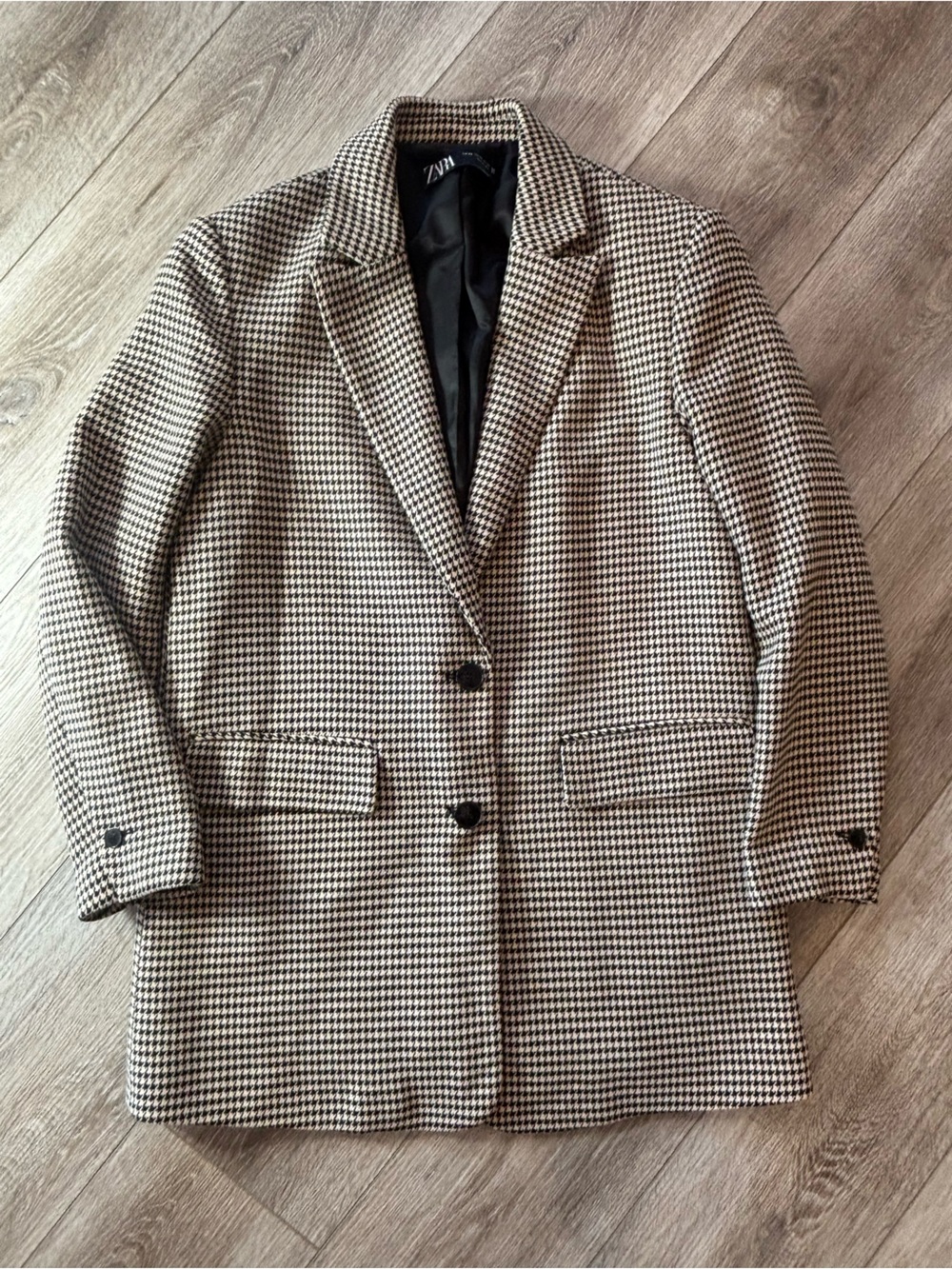 Zara Women's Houndstooth Blazer Jacket - Cream & Black